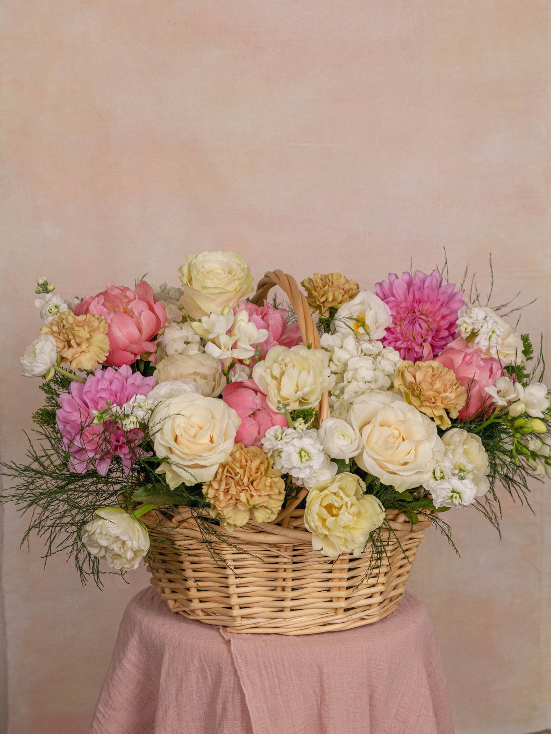 Market-fresh basket of dahlias, roses, peonies and double tulips bought that morning, Adore Flowers, Los Angeles