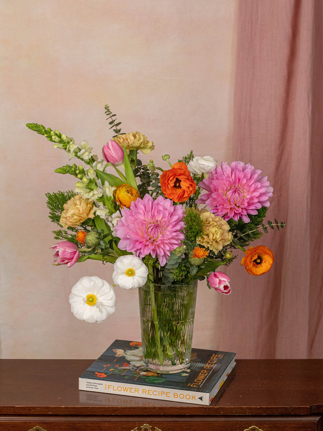 Sweet August bouquet of pink and coral dahlias and ranunculus, built for a hot August week, Adore Flowers, Los Angeles