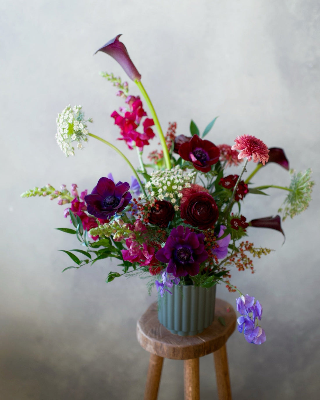 Bold & Moody vase arrangement in burgundy, plum and crimson garden flowers, sent for an anniversary, Adore Flowers, Los Angeles