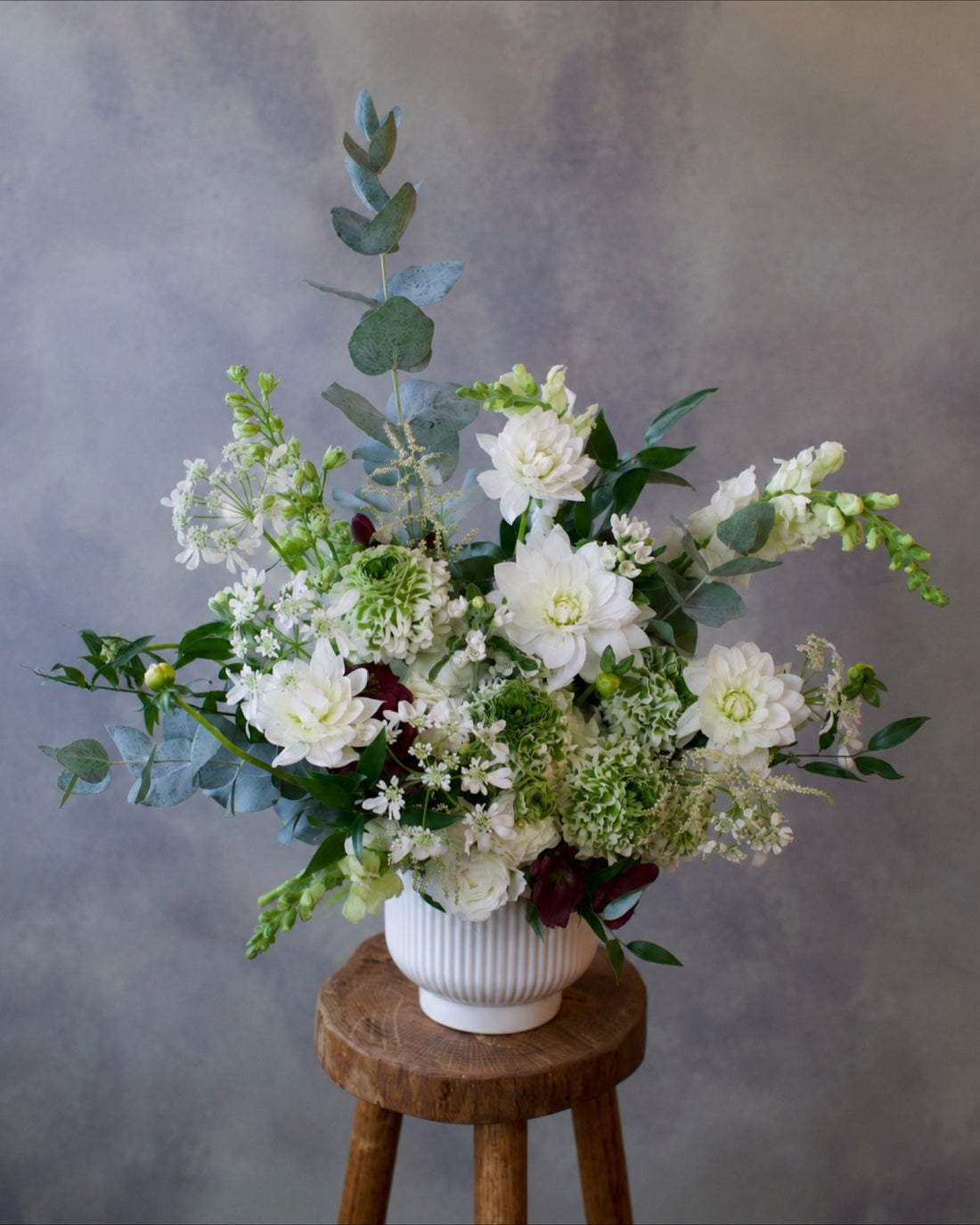 Earthy Neutrals arrangement in a stone vase, white and green garden flowers set for a long vase life, Adore Flowers, Los Angeles