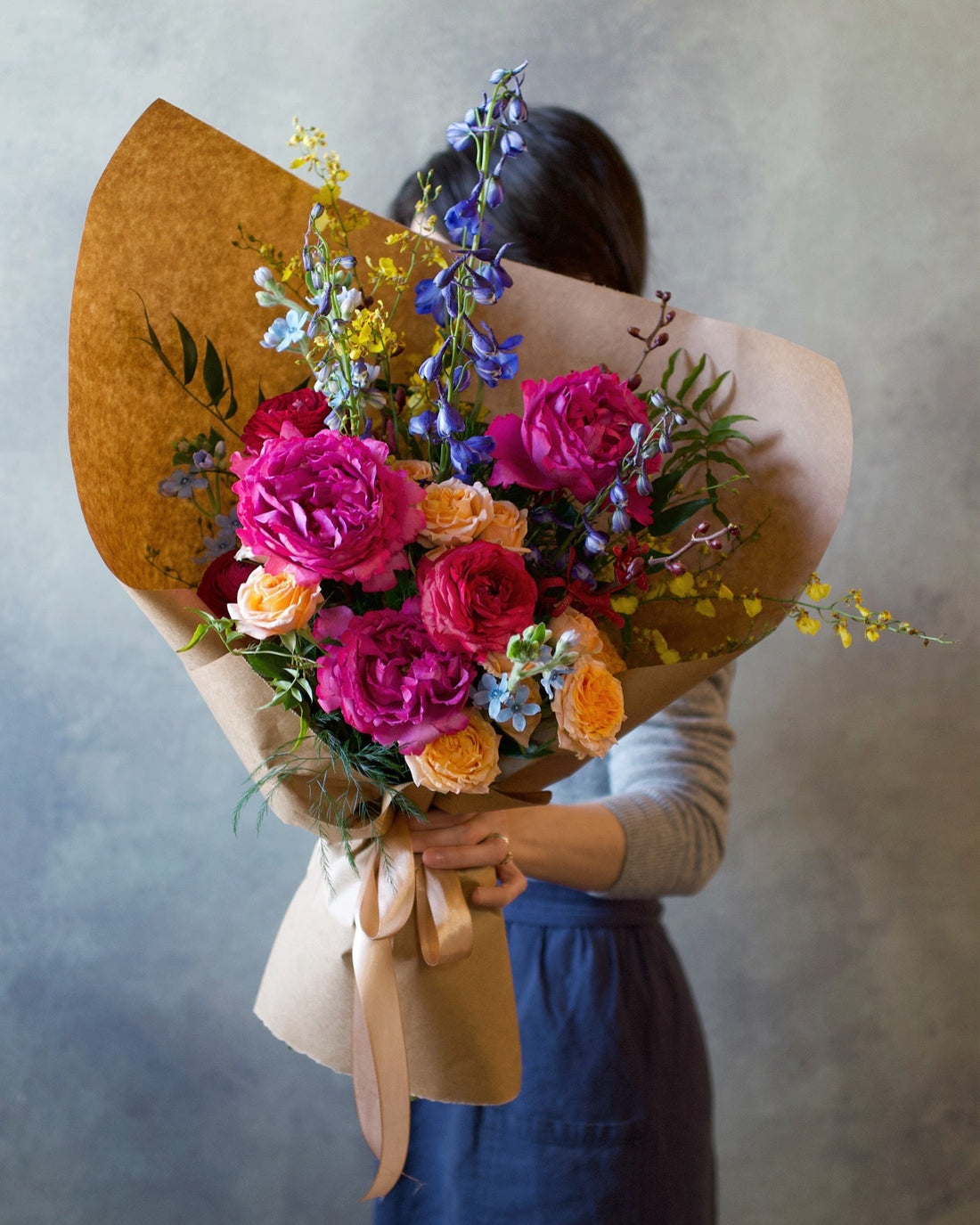 Vibrant Tones bouquet, hot pink and coral garden flowers hand-tied for a last-minute same-day gift, Adore Flowers, Los Angeles