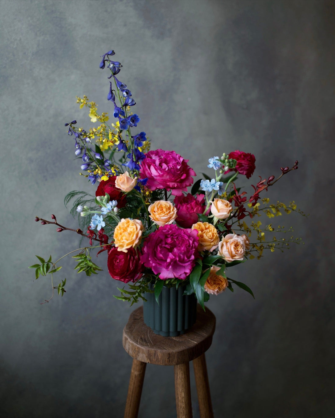 Vibrant Tones vase arrangement in hot pink, coral and orange garden flowers, sent as a birthday gift, Adore Flowers, Los Angeles