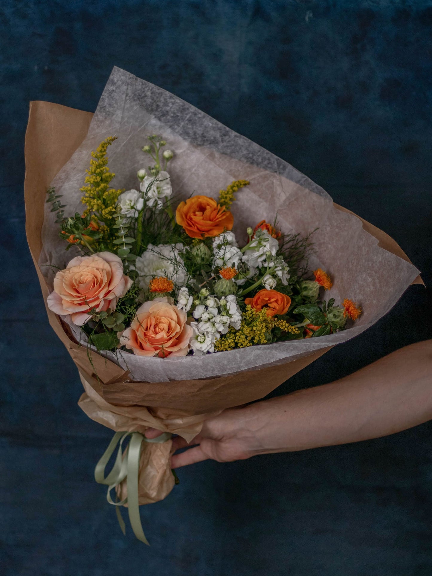 Ginger Bouquet - Vibrant Orange Roses, Ranunculus, White Stock, and Chrysanthemums