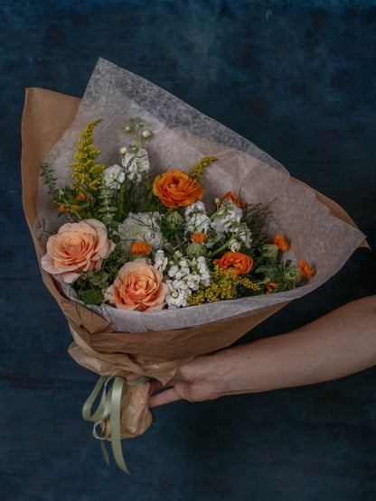 Ginger Bouquet - Vibrant Orange Roses, Ranunculus, White Stock, and Chrysanthemums