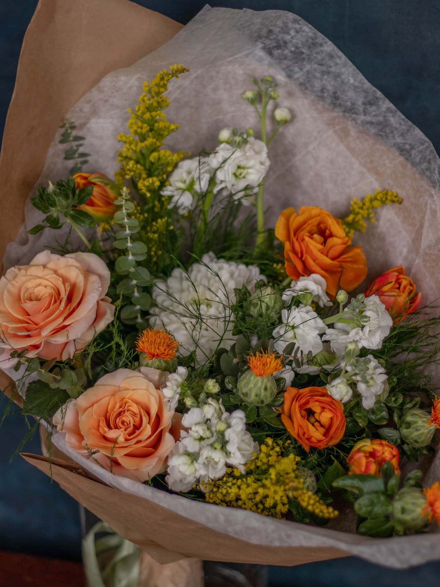 Bright Ginger Floral Arrangement - Striking Orange Roses and White Blooms