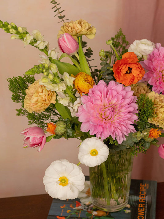 Adore Flowers Sweet August - Cheerful Pink and Orange Floral Arrangement with Dahlias and Tulips