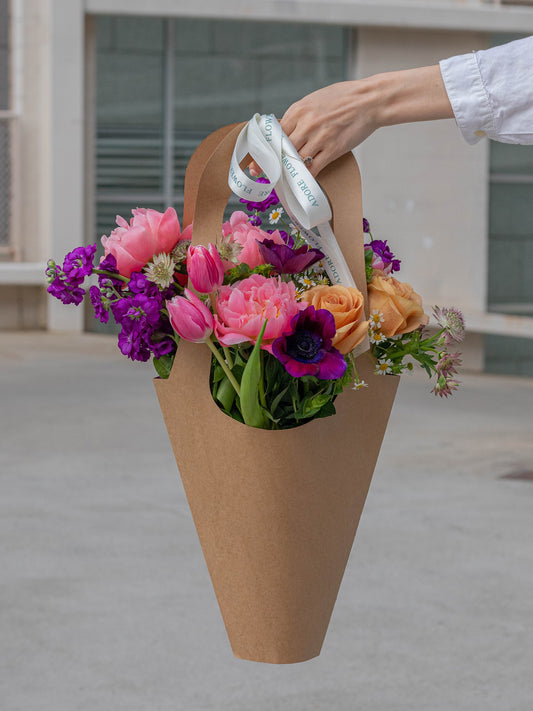 Gorgeous Blooms Flower Arrangement in a Paper Bag - Stunning Pink and Purple Flowers for Special Occasions