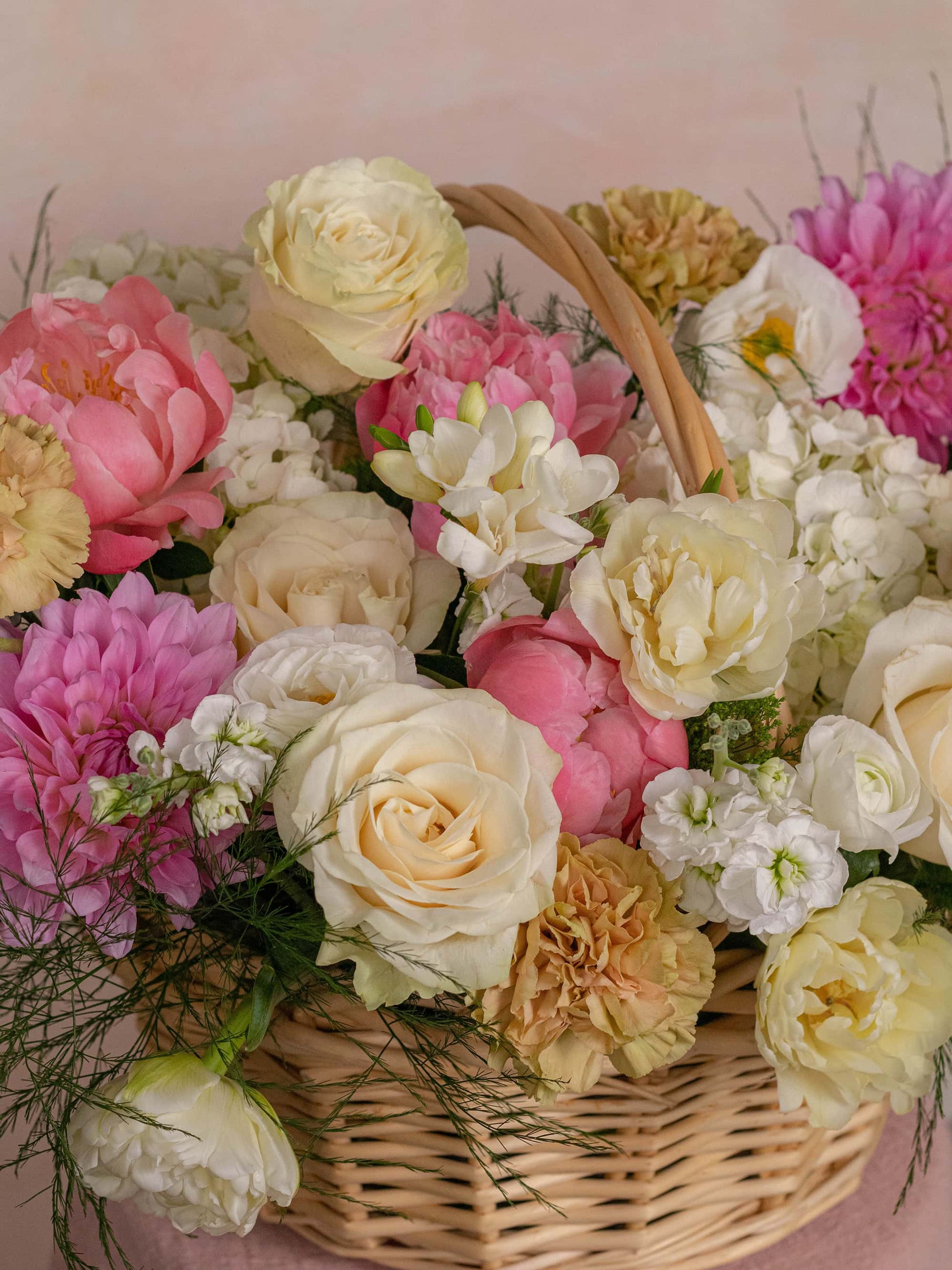 Opulent Dahlia Basket - Exquisite Mix of Dahlias, Roses, Peonies, and More