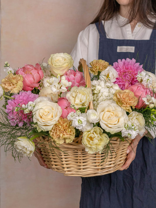 Elegant Dahlia Basket - White, Cream, and Pink Floral Arrangement