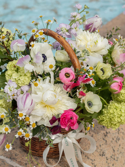 Springtime May Harvest Basket - Bright and Pastel Peonies and Ranunculus for Seasonal Flair