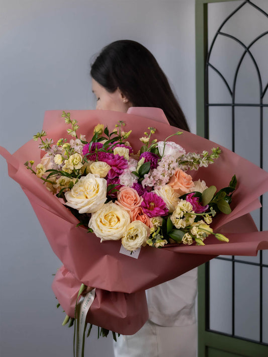 Blush Bouquet - Garden Roses, Dahlias, and Stock in Fuchsia, Creme, and Peach