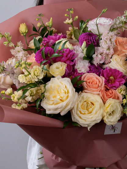 Blush Flower Arrangement - Elegant Mix of Fuchsia, Creme, and Peach Flowers