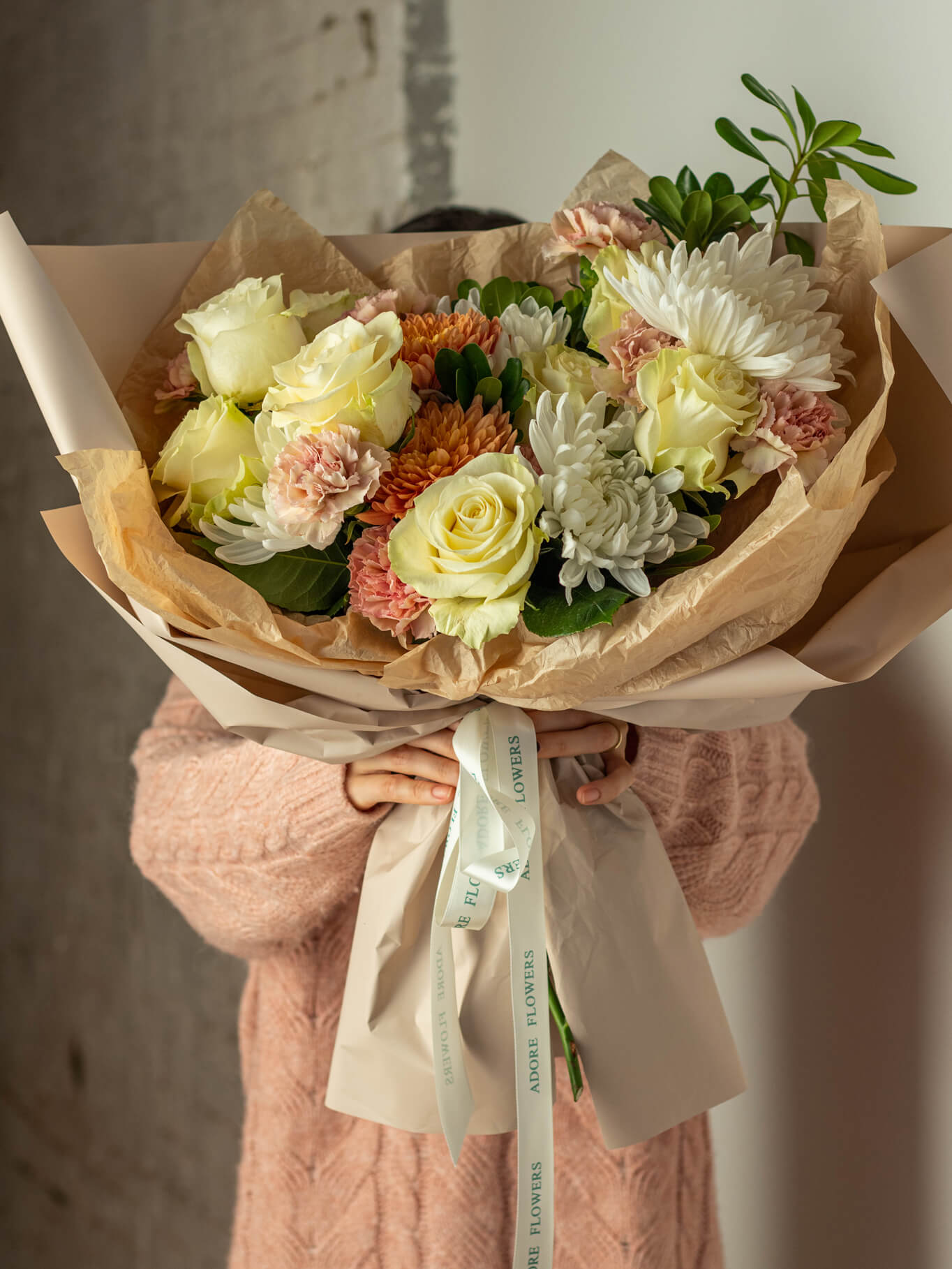 Gloria Bouquet - Elegant Roses, Mums, and Carnations in Creme, White, and Peach