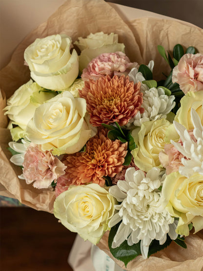 Gloria Floral Arrangement - Classic Creme, White, and Peach Flowers