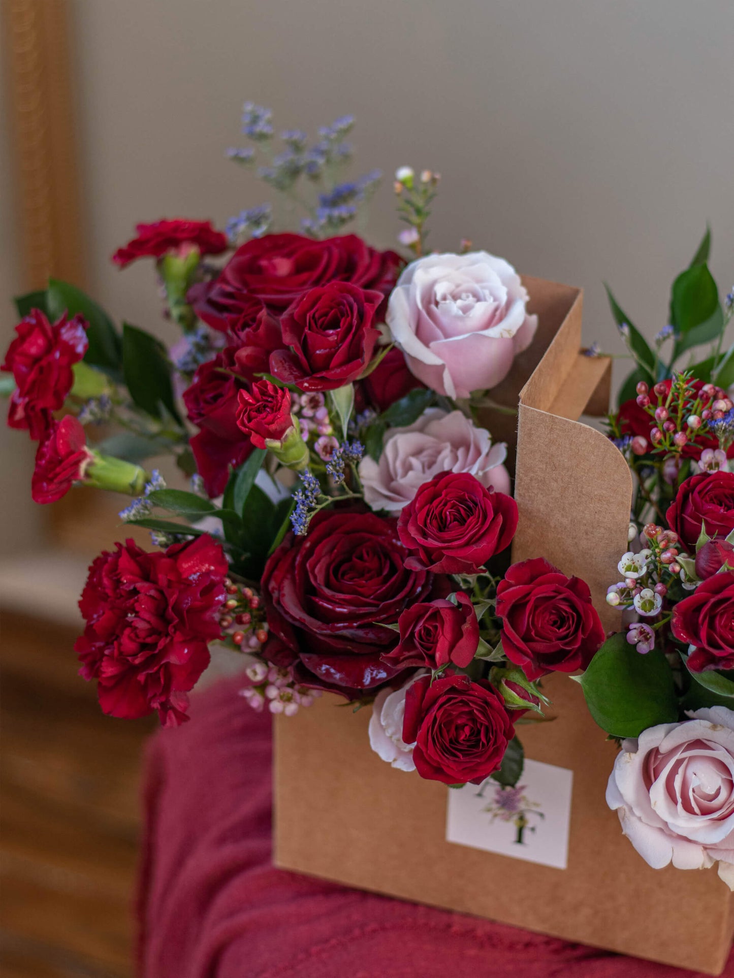 Romantic Love Garden Floral Bag - Exquisite Red and Pink Roses, Mini Roses, and Greenery