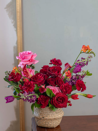 Enchanting Amore Basket - Dark Red, Pink, and Purple Floral Arrangement