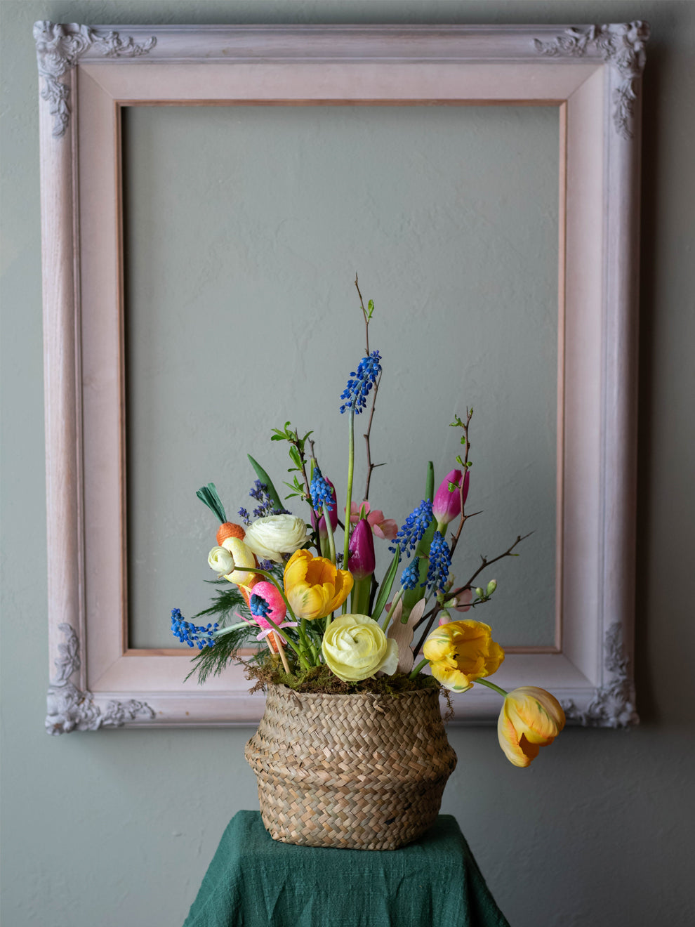 Easter Basket - Vibrant Mix of Spring Flowers, Tulips, Daisies, and Ranunculus