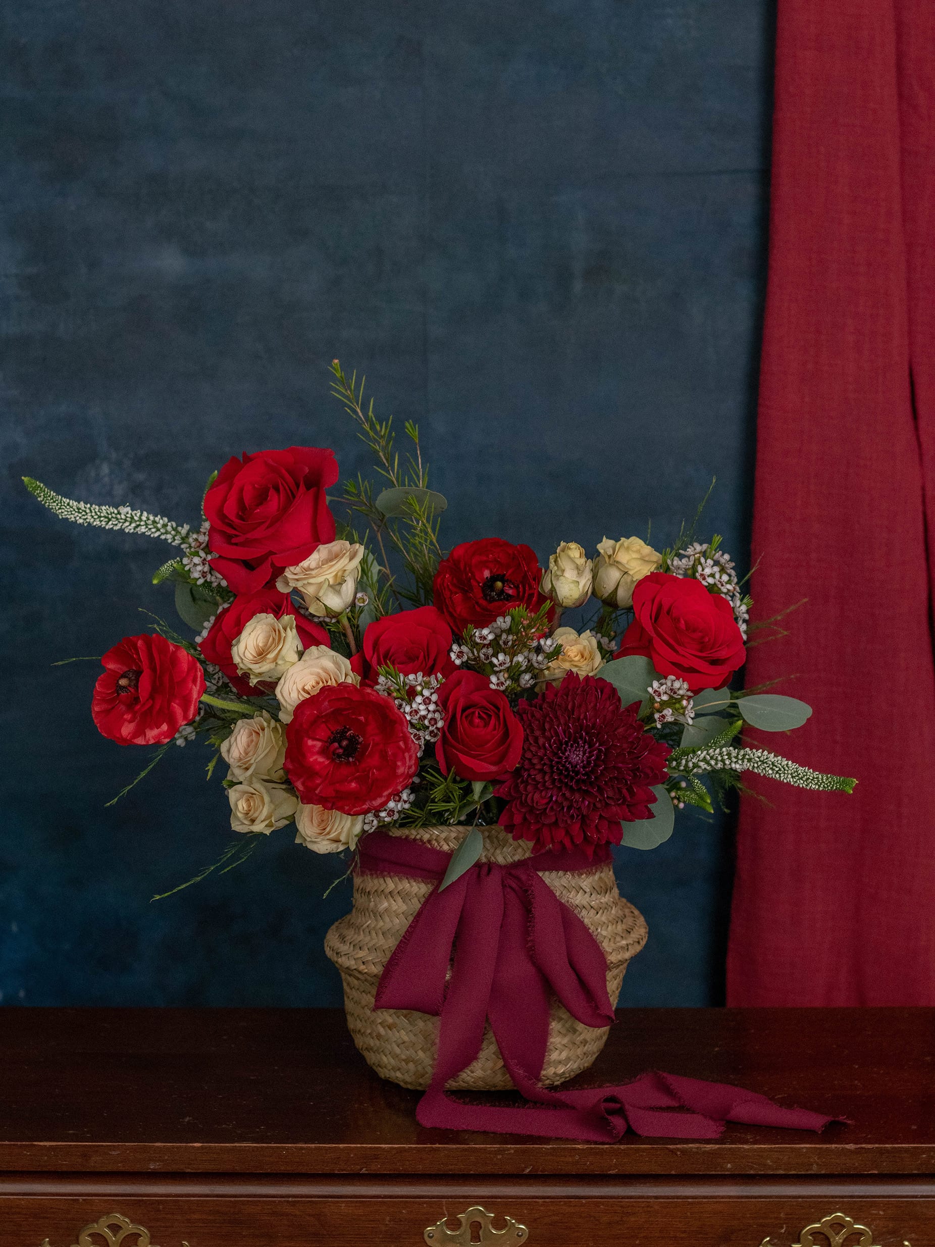 Love Basket Arrangement - Romantic Red and Tan Roses, Ranunculus, and Chrysanthemums