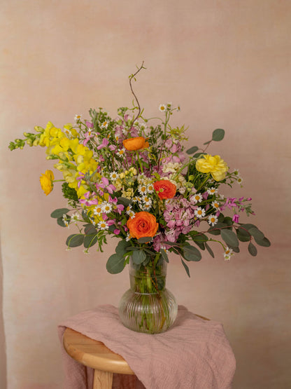 May Arrangement - Vibrant Orange, Pink, and Yellow Ranunculus, Snap Dragon, and Daisies