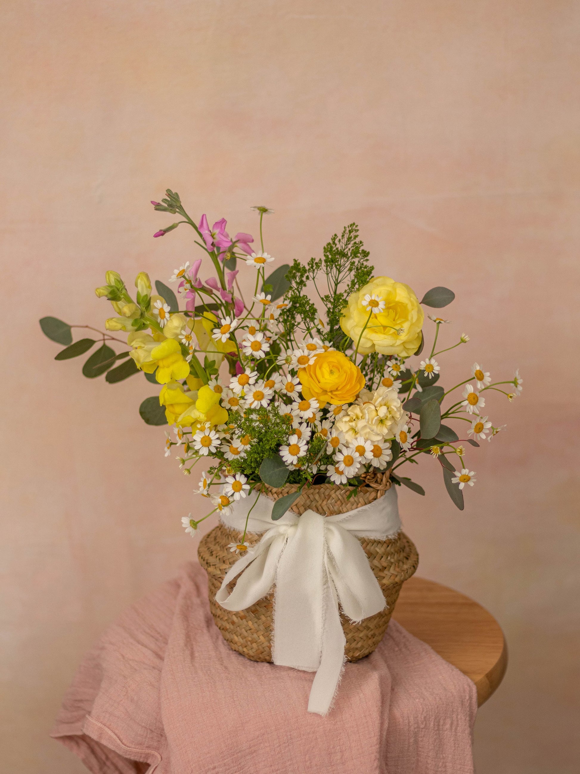 Summer Floral Basket - Bright Yellow Ranunculus, Snapdragons, Daisies, and Eucalyptus