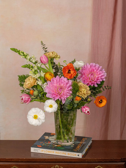 Sweet August Bouquet - Vibrant Pink and Orange Dahlias, Ranunculus, Tulips, and Seasonal Blooms