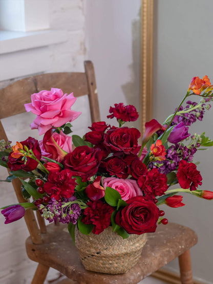 Amore Floral Basket - Red Roses, Pink Roses, Mini Roses, and Tulips