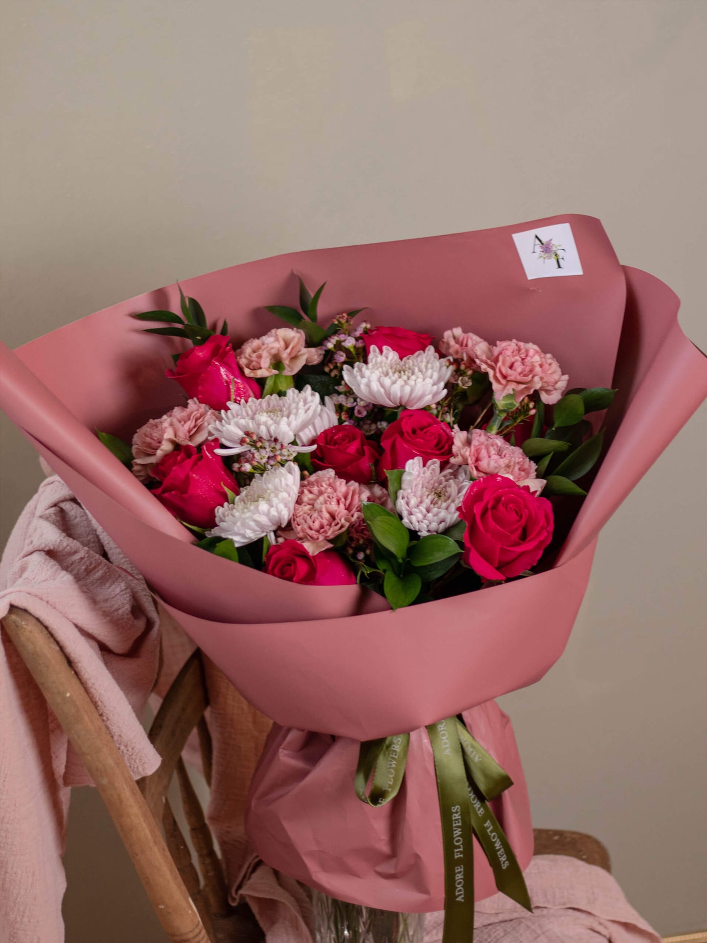 Blushing Beauty Floral Arrangement - Vibrant Hot Pink Roses and White Chrysanthemums