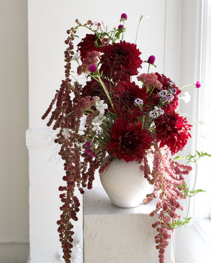 Bold & Moody vase arrangement, burgundy dahlias, pink globe amaranth and trailing amaranthus in a white ceramic vase, Adore Flowers Los Angeles