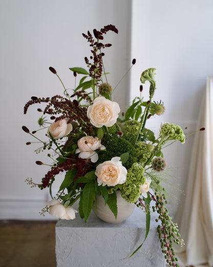 Custom designer arrangement, florist's choice with peach garden roses, green celosia, scabiosa pods and burgundy amaranthus in a ceramic vase, Adore Flowers Los Angeles