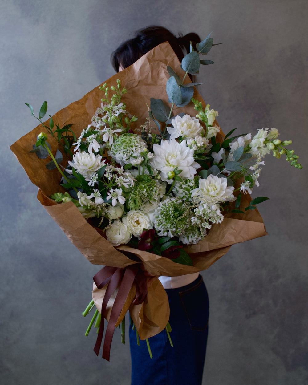 Earthy Neutrals bouquet, white dahlias and ranunculus with eucalyptus hand-tied in wrap, Adore Flowers Los Angeles
