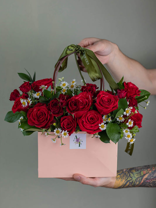 Forever Yours Floral Bag - Red Roses, Mini Roses, and Feverfew Daisies