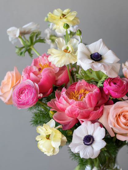 Freya Floral Arrangement - Elegant Spring Blooms with Peonies and Peach Roses