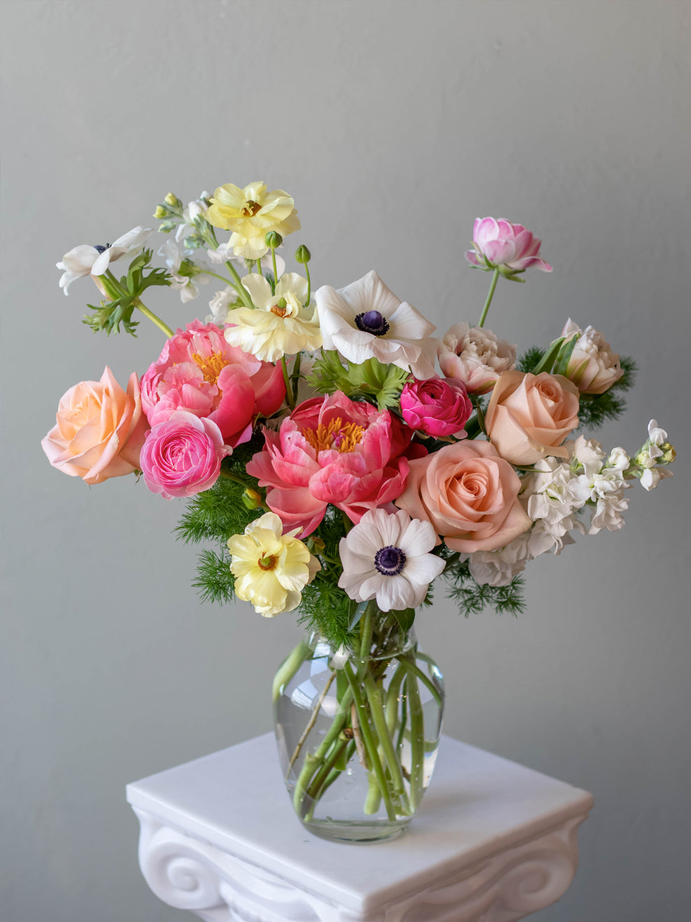 Freya Flower Arrangement - Peonies, Peach Roses, Ranunculus in Pink, Peach, White, and Yellow