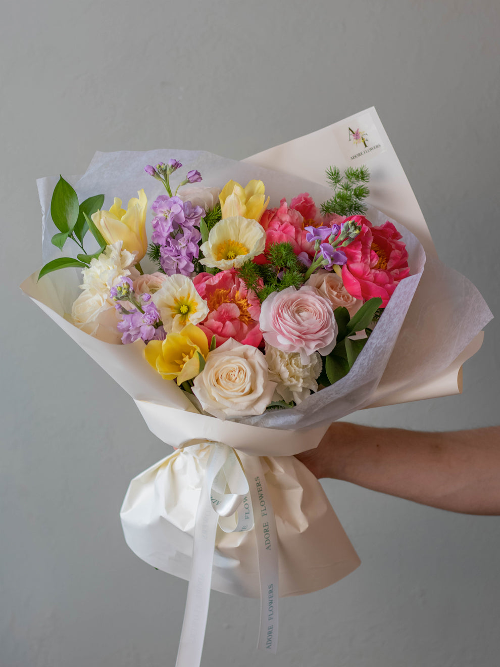 Hello Sunshine Bouquet - Vibrant Roses, Ranunculus, and Peonies in Pink, Peach, and Yellow