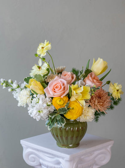 La Lumière Bouquet - Elegant Mix of Roses, Ranunculus, Stock, Mums, and Tulips in White, Yellow, and Cream