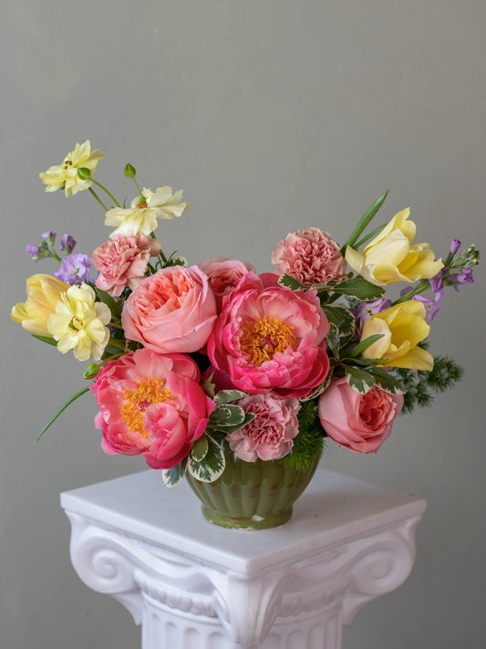 Paeonia Arrangement - Lush Peonies, Garden Roses, and Tulips in Pink and Yellow Shades