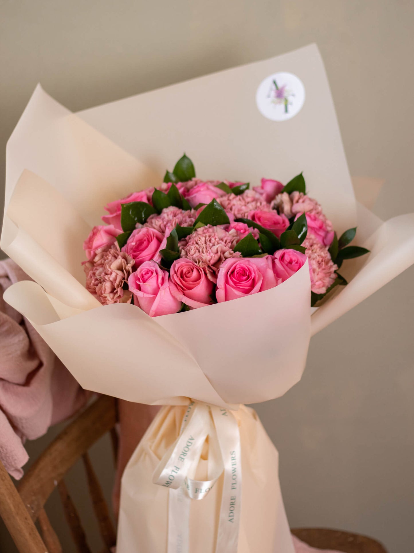 Pink Romance Bouquet - Elegant Pink Roses and Carnations with Fresh Greenery