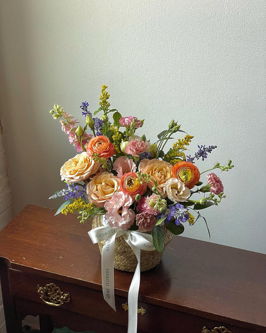 Romantic summer arrangement in soft tones, Adore Flowers Los Angeles