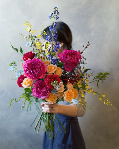 Vibrant Tones, bright pink, coral and orange garden flowers unwrapped, Adore Flowers Los Angeles