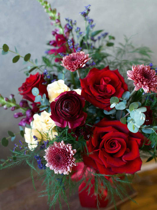 wind romance valentines day flower arrangement closeup