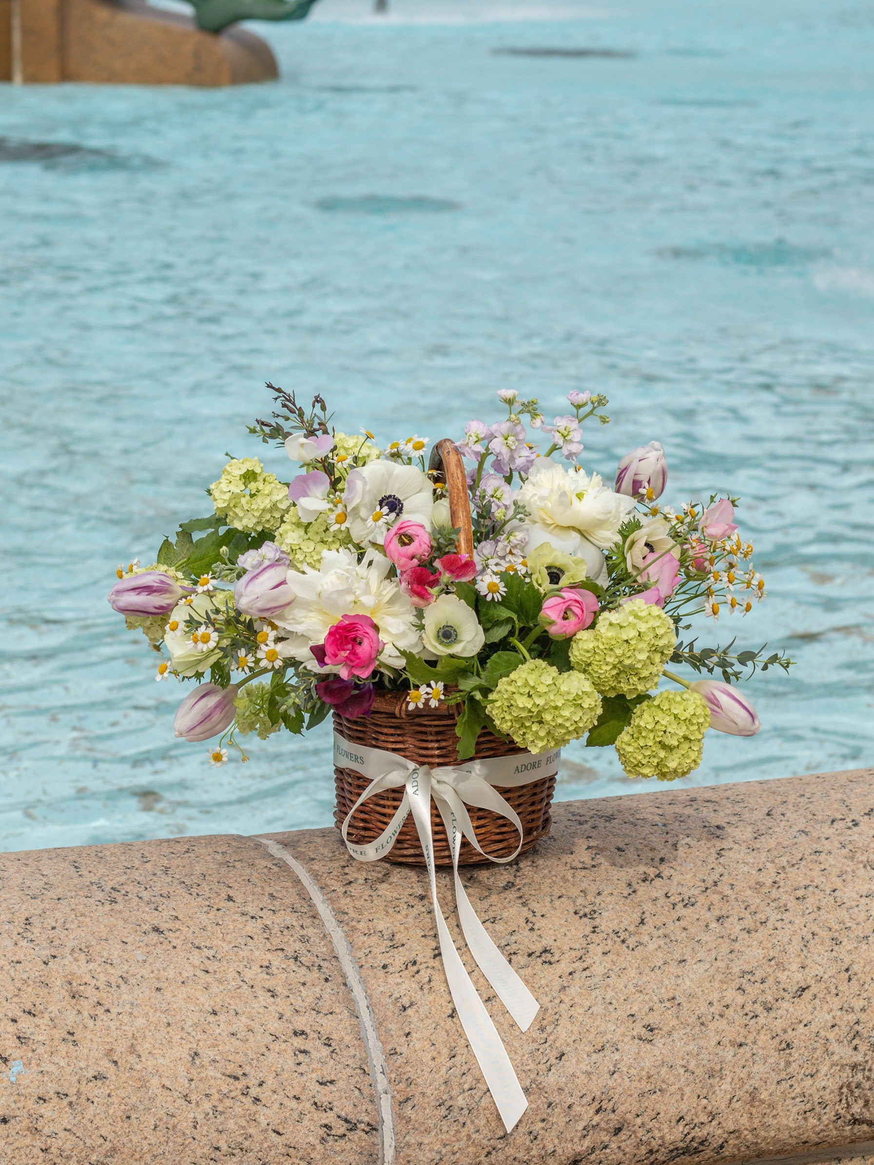 May Harvest Basket - Vibrant Spring Peonies, Anemones, and Ranunculus in Bright and Pastel Colors